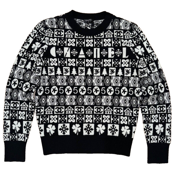 Chanel 19B Coco Neige Ski Black White CC Long Sleeve Cashmere Jumper Sweater 38 - Picture 1 of 16